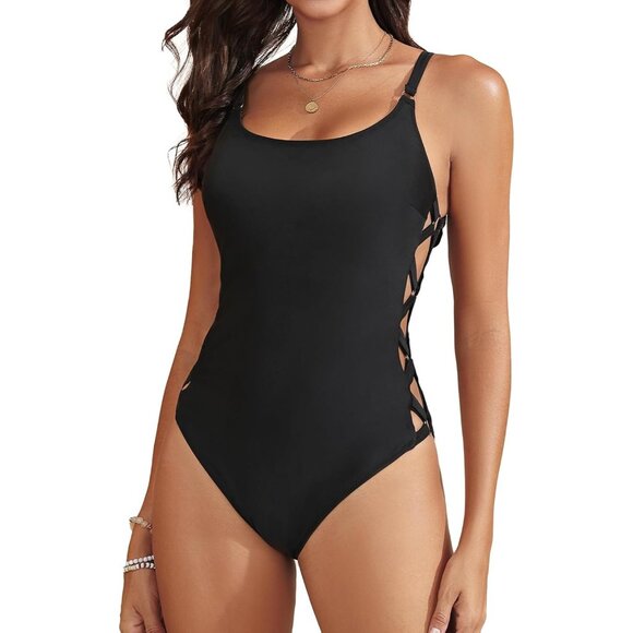 🆕Women Black Nylon One Piece Bathing Suit Slimming Crisscross Lace Up Sexy - Picture 1 of 6